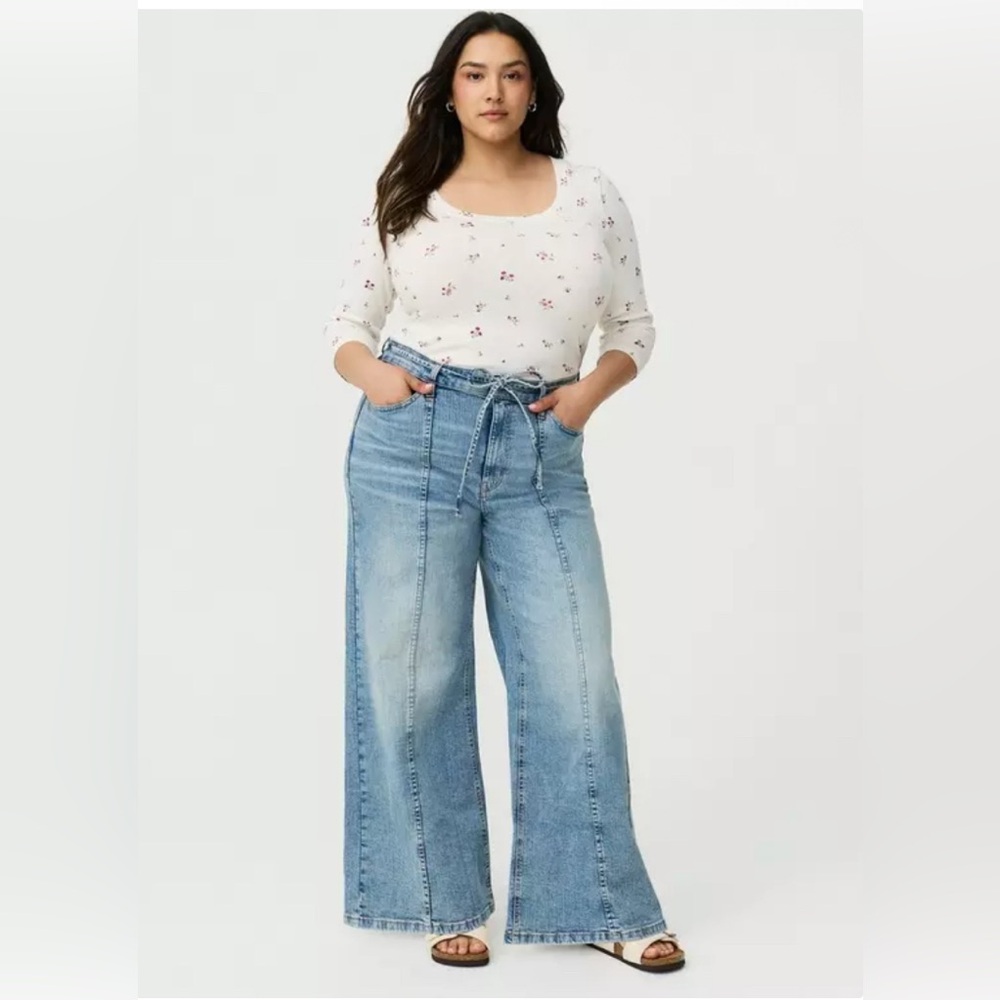 Torrid High-Rise Wide Leg Light Blue Jeans with Tie Belt Waist